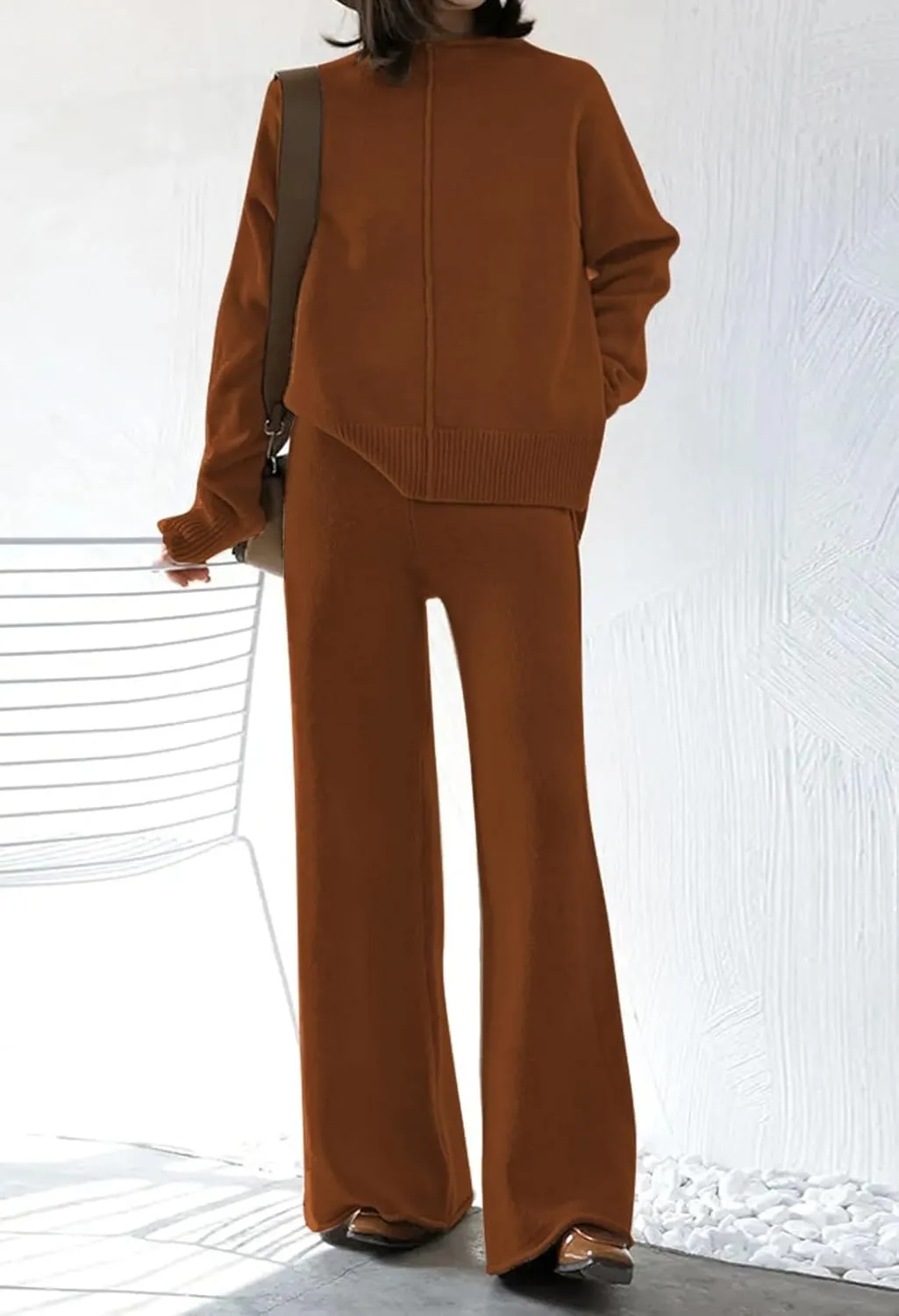 Linsery Women 2 Piece Sweater Sets High Neck Knitted Pullover Wide Leg Casual Sweatsuit