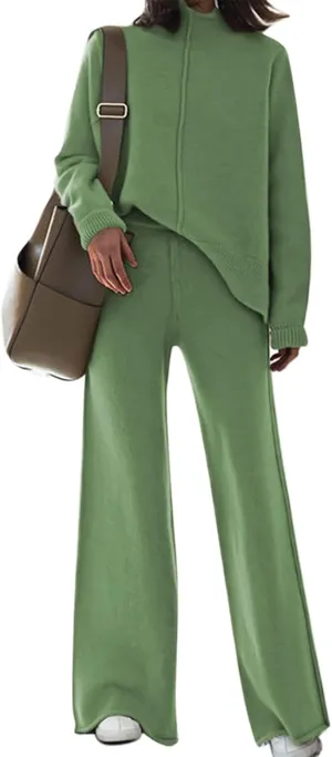 Linsery Women 2 Piece Sweater Sets High Neck Knitted Pullover Wide Leg Casual Sweatsuit