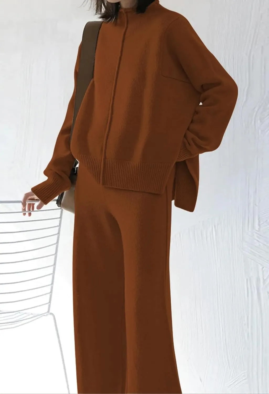 Linsery Women 2 Piece Sweater Sets High Neck Knitted Pullover Wide Leg Casual Sweatsuit