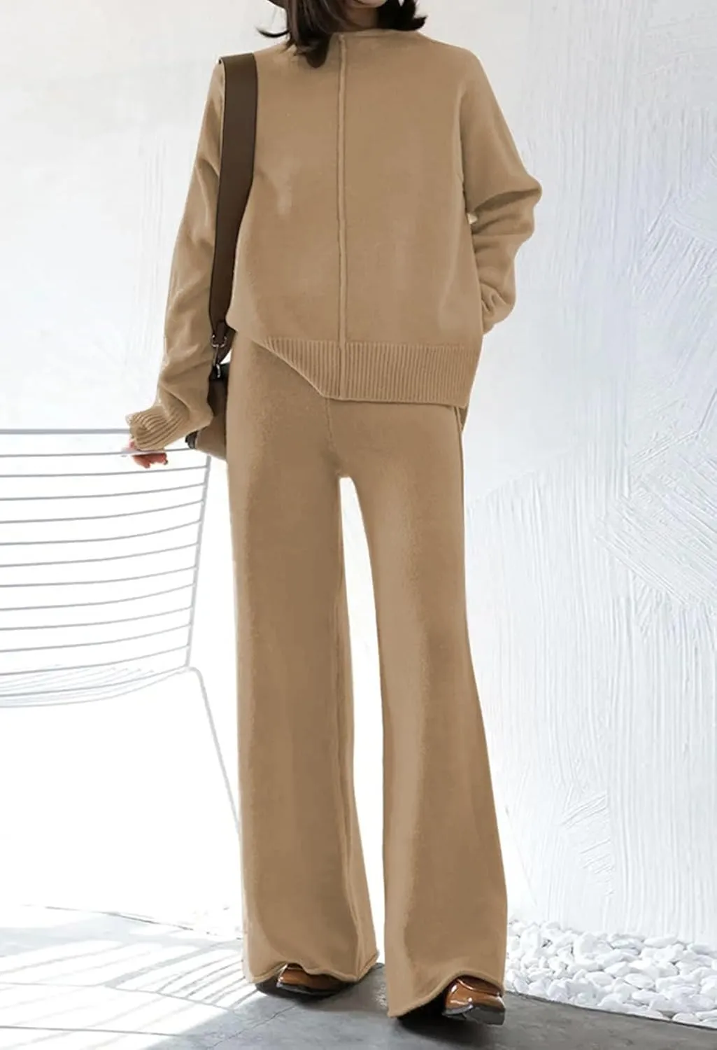Linsery Women 2 Piece Sweater Sets High Neck Knitted Pullover Wide Leg Casual Sweatsuit