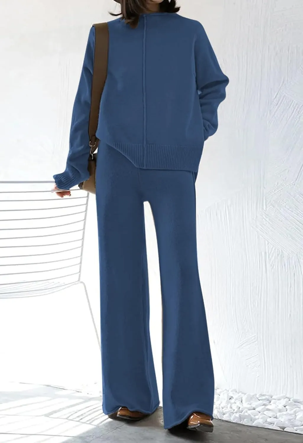 Linsery Women 2 Piece Sweater Sets High Neck Knitted Pullover Wide Leg Casual Sweatsuit