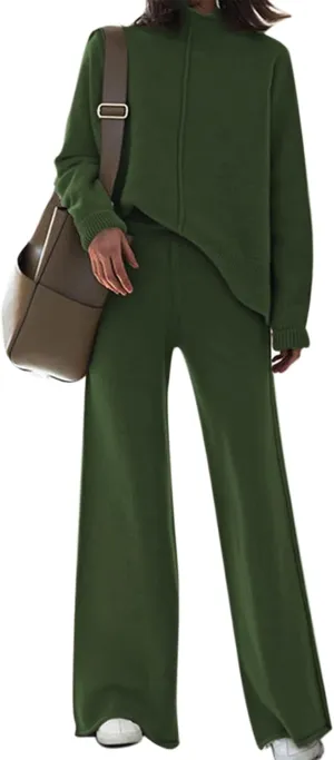 Linsery Women 2 Piece Sweater Sets High Neck Knitted Pullover Wide Leg Casual Sweatsuit
