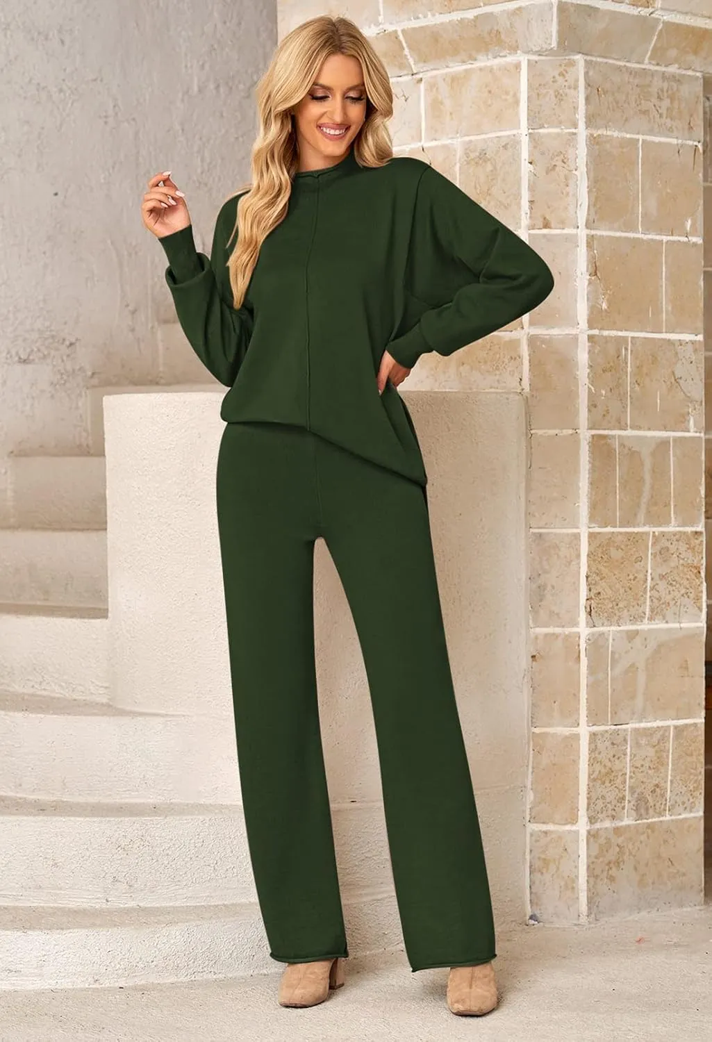 Linsery Women 2 Piece Sweater Sets High Neck Knitted Pullover Wide Leg Casual Sweatsuit