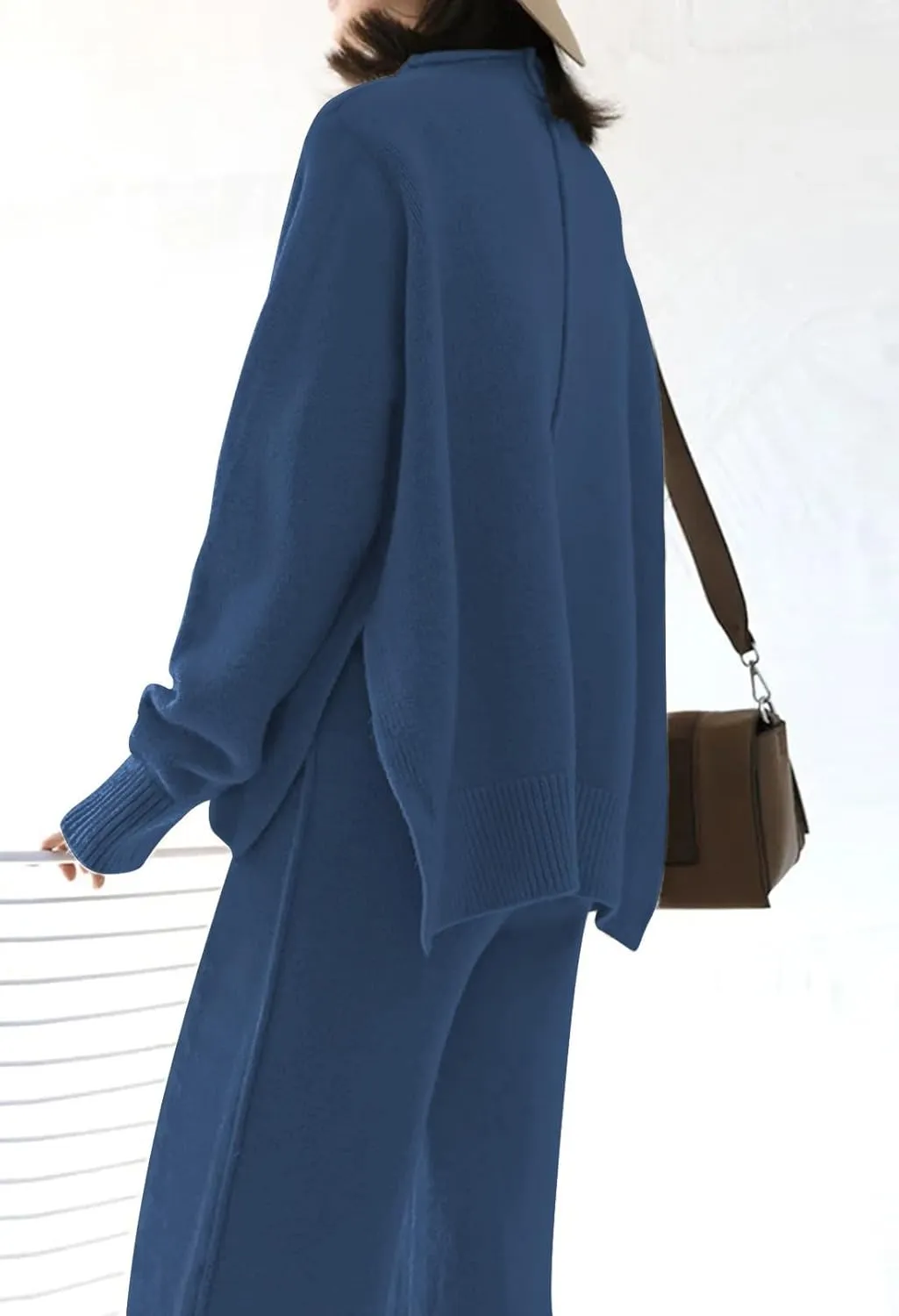 Linsery Women 2 Piece Sweater Sets High Neck Knitted Pullover Wide Leg Casual Sweatsuit