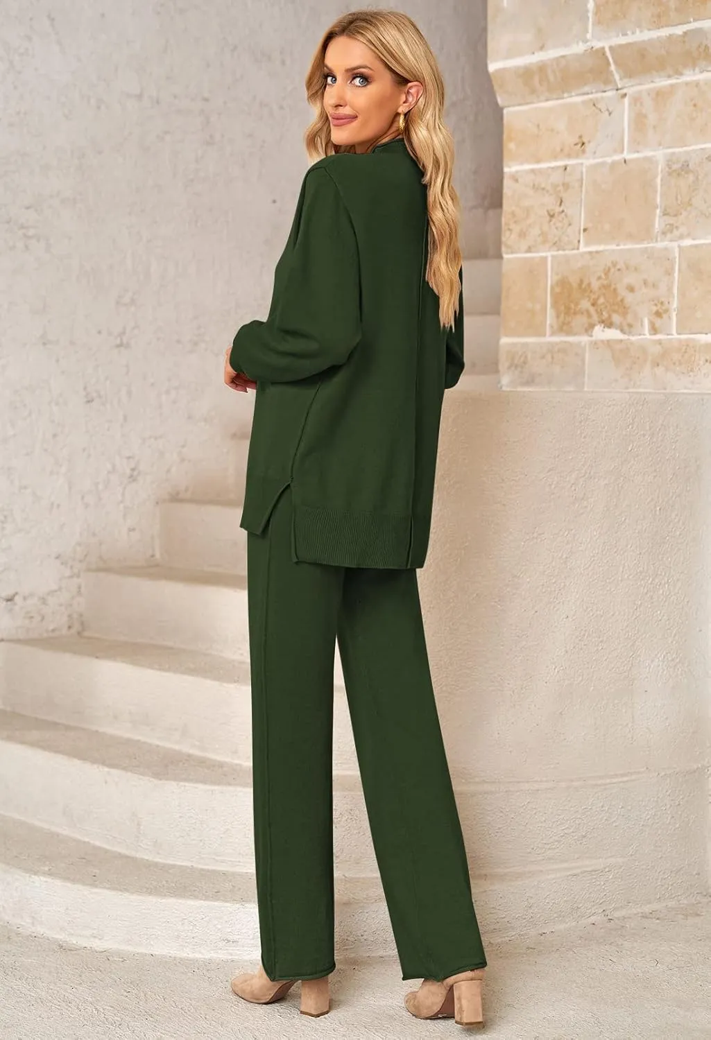 Linsery Women 2 Piece Sweater Sets High Neck Knitted Pullover Wide Leg Casual Sweatsuit