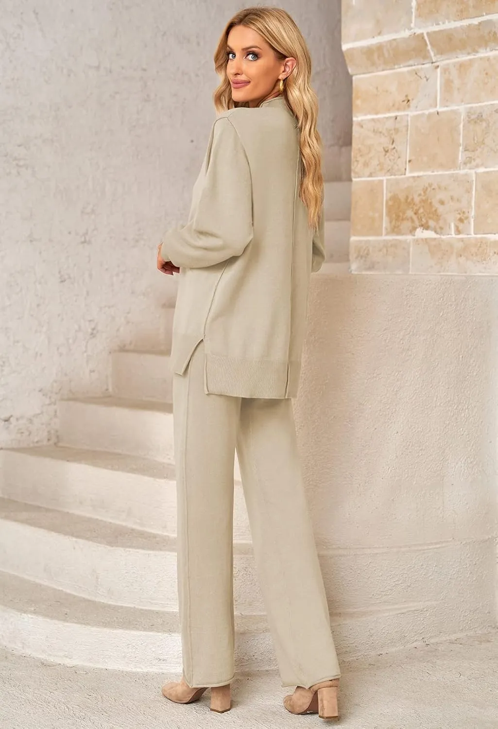 Linsery Women 2 Piece Sweater Sets High Neck Knitted Pullover Wide Leg Casual Sweatsuit