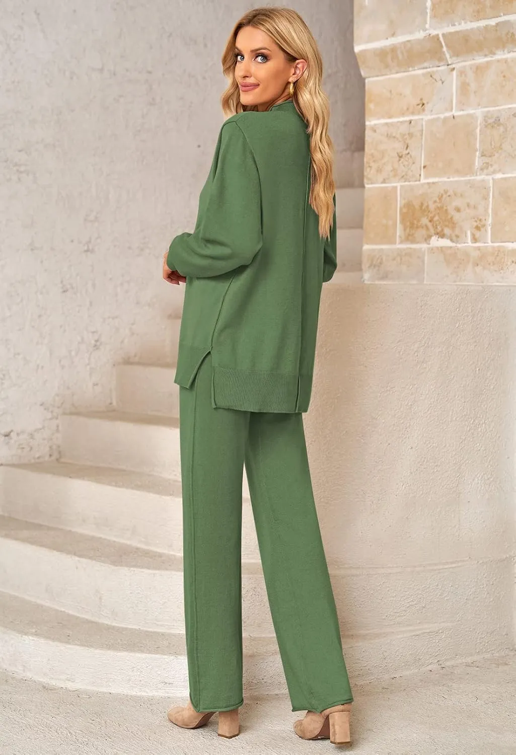 Linsery Women 2 Piece Sweater Sets High Neck Knitted Pullover Wide Leg Casual Sweatsuit