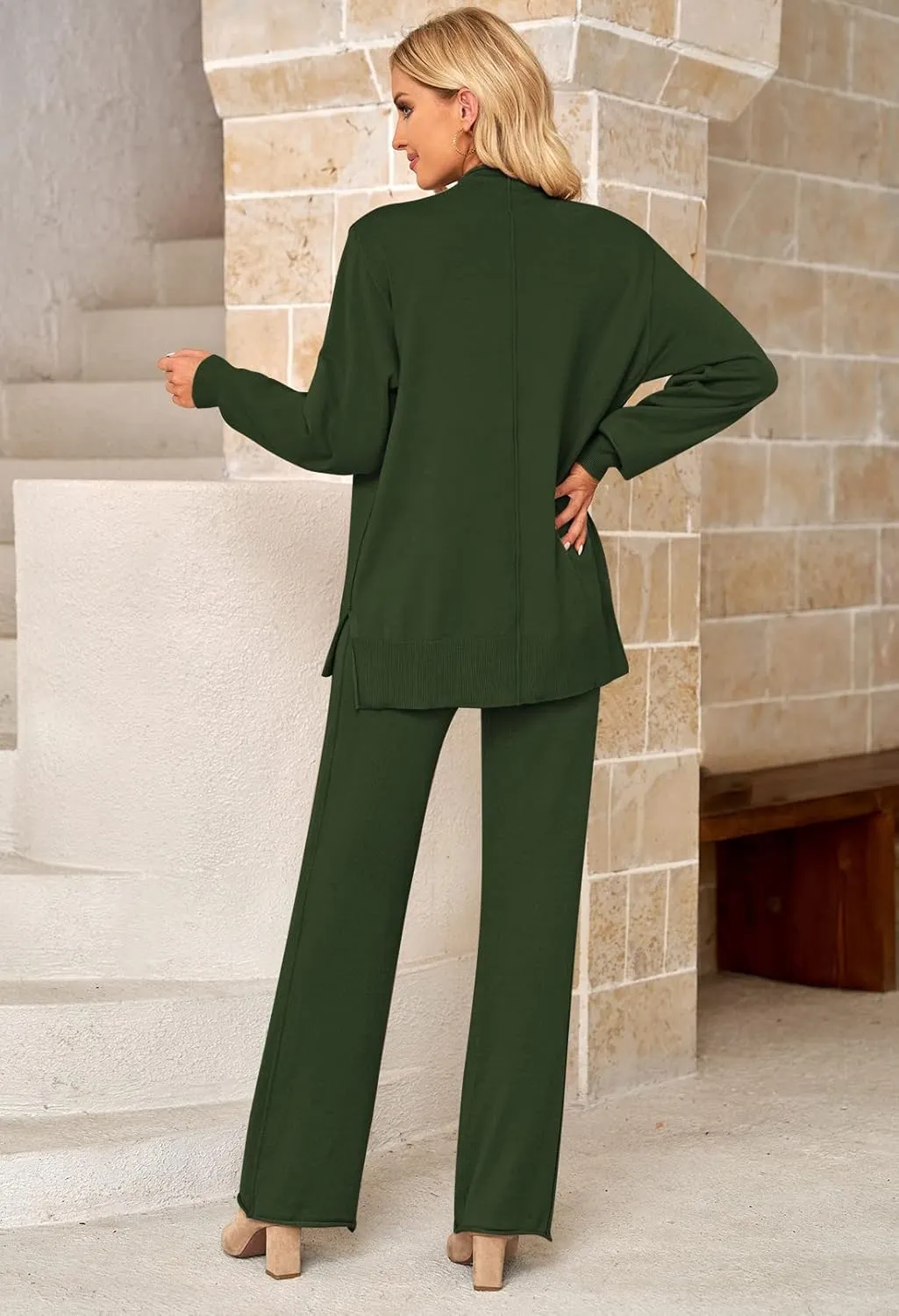 Linsery Women 2 Piece Sweater Sets High Neck Knitted Pullover Wide Leg Casual Sweatsuit