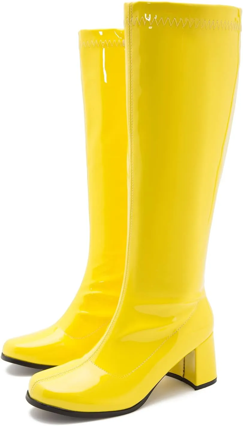 LIURUIJIA Women's Gogo Boots Knee High Block Heel Square Toe 70s Disco Costume Boots