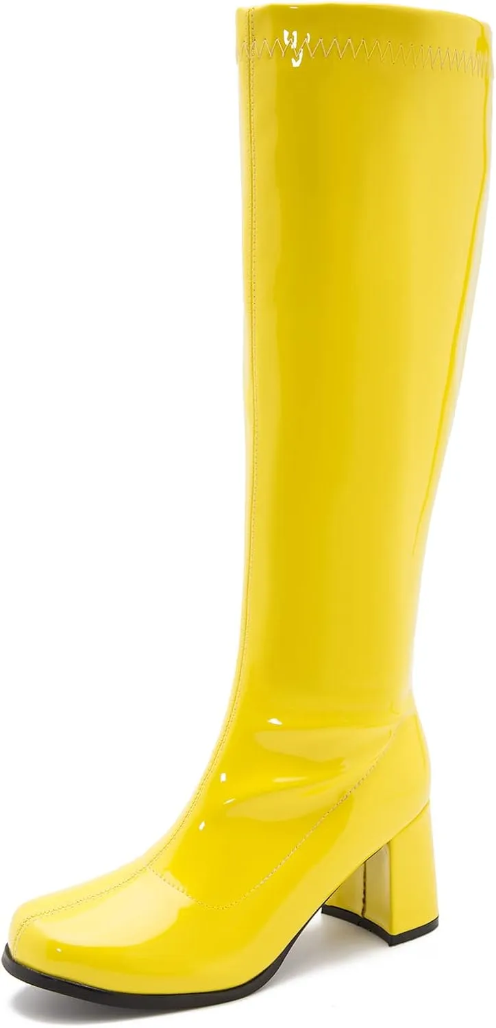 LIURUIJIA Women's Gogo Boots Knee High Block Heel Square Toe 70s Disco Costume Boots