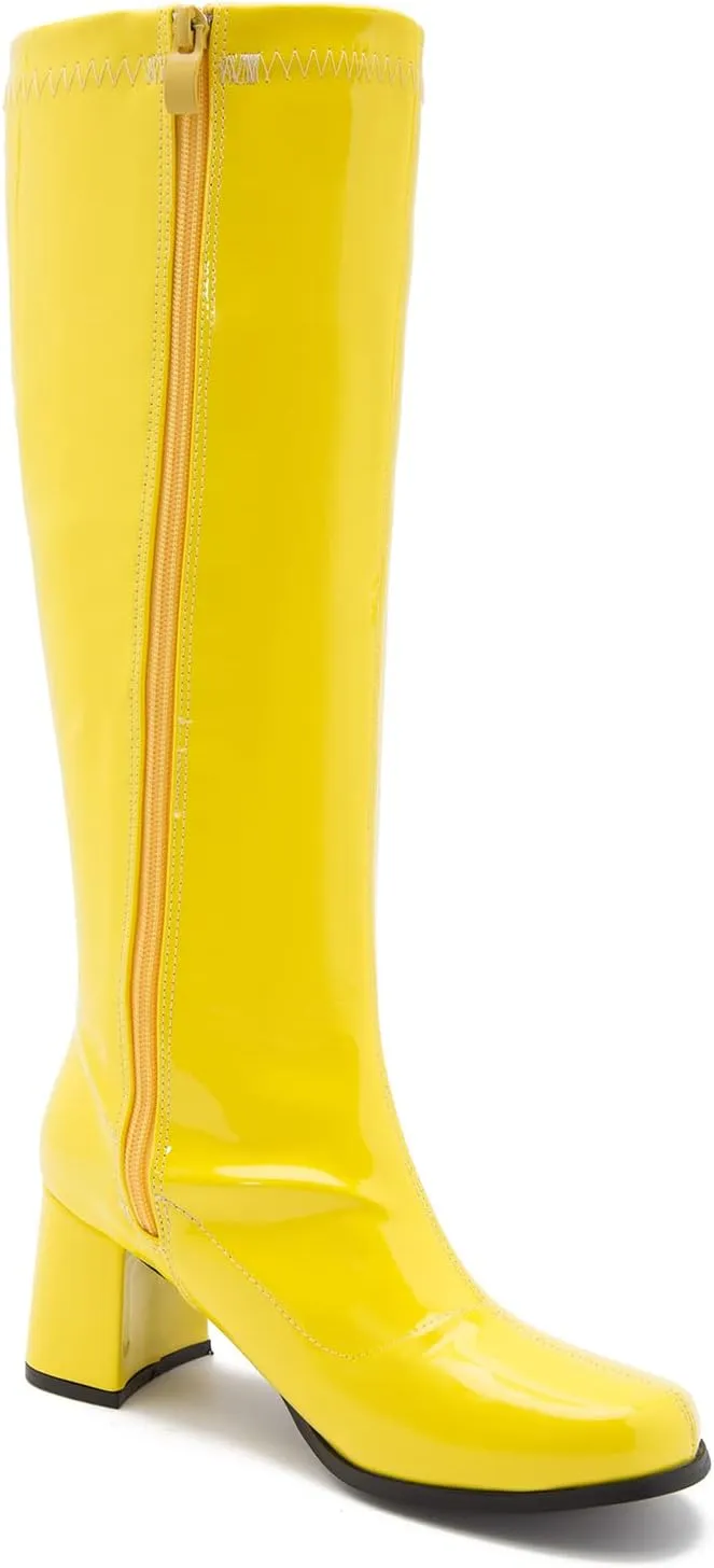 LIURUIJIA Women's Gogo Boots Knee High Block Heel Square Toe 70s Disco Costume Boots