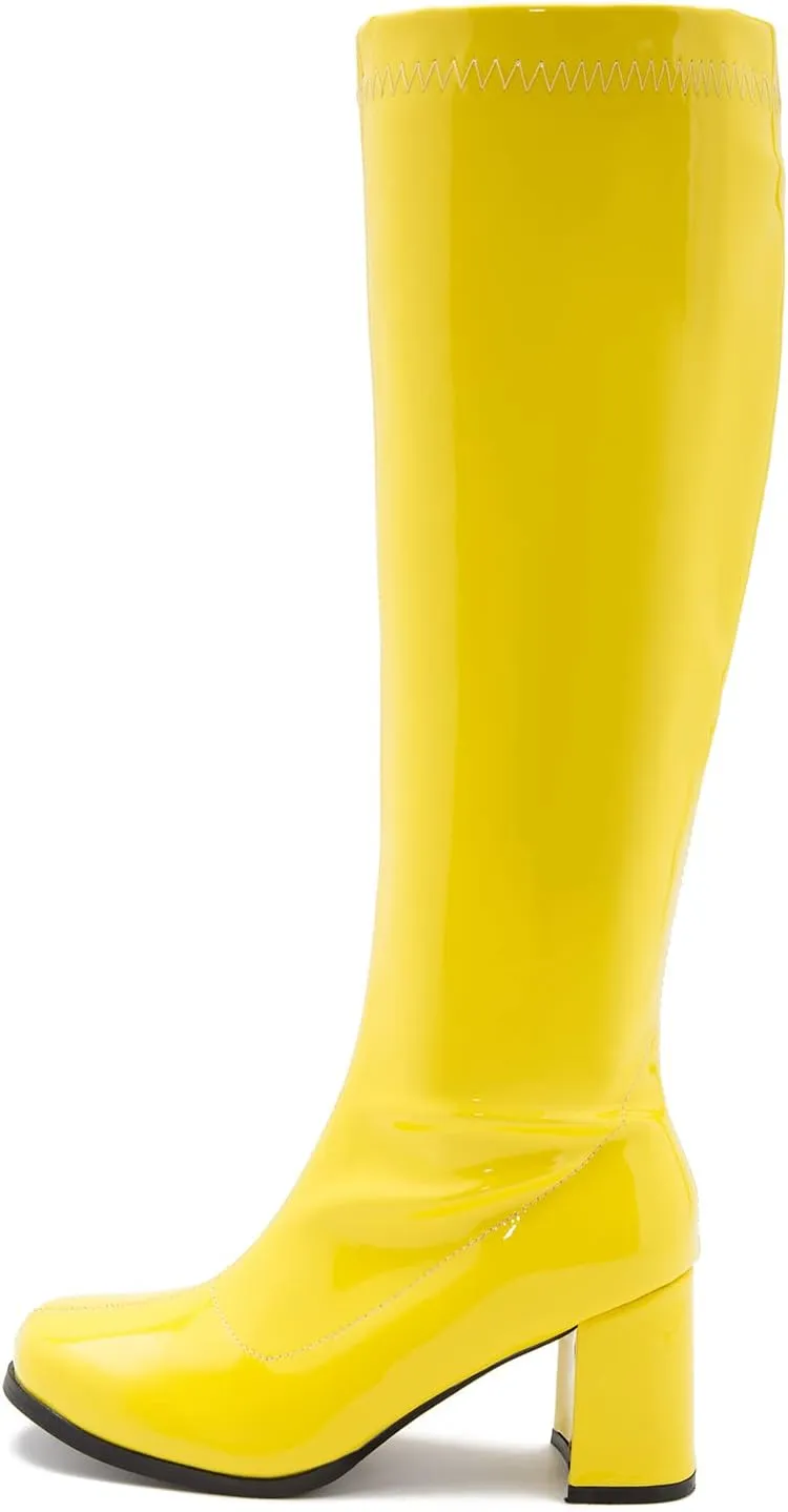 LIURUIJIA Women's Gogo Boots Knee High Block Heel Square Toe 70s Disco Costume Boots