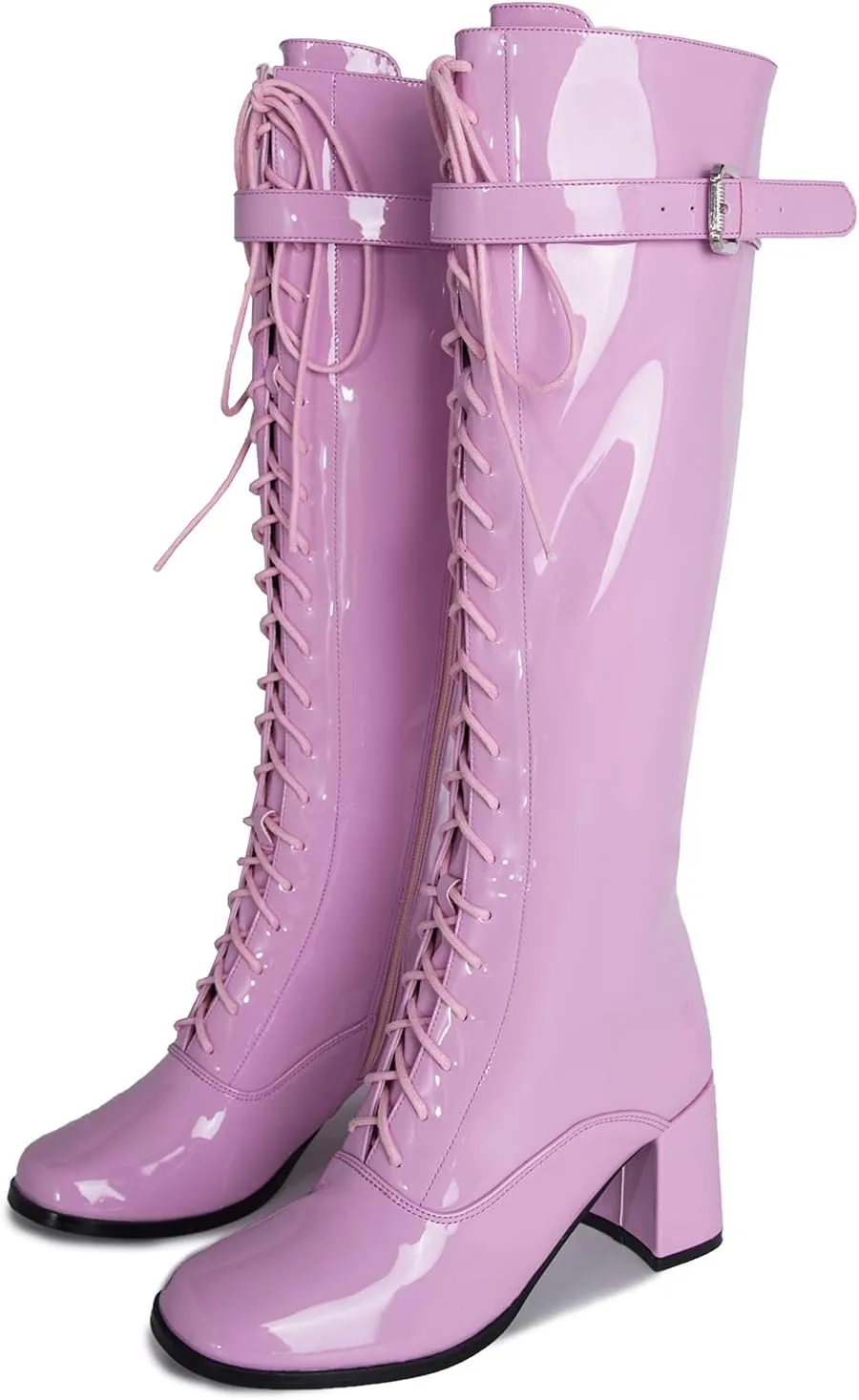 LIURUIJIA Women's Gogo Boots Lace up Knee High Block Heel Side Zipper Riding Boots