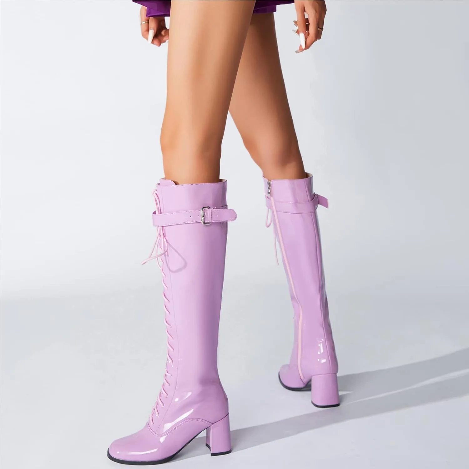 LIURUIJIA Women's Gogo Boots Lace up Knee High Block Heel Side Zipper Riding Boots