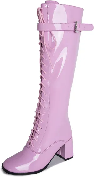 LIURUIJIA Women's Gogo Boots Lace up Knee High Block Heel Side Zipper Riding Boots