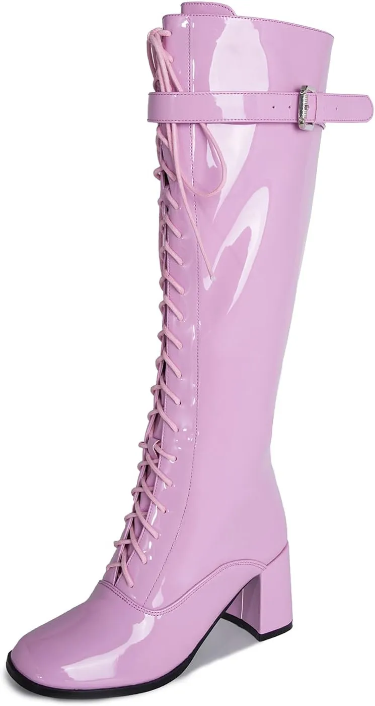 LIURUIJIA Women's Gogo Boots Lace up Knee High Block Heel Side Zipper Riding Boots