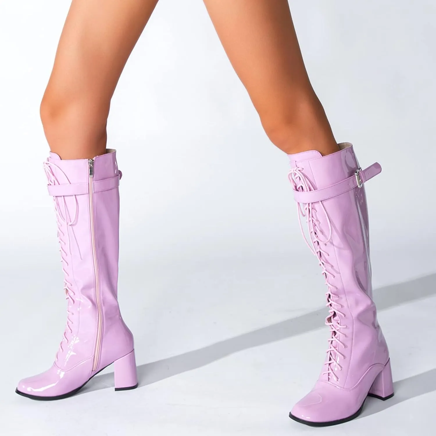 LIURUIJIA Women's Gogo Boots Lace up Knee High Block Heel Side Zipper Riding Boots