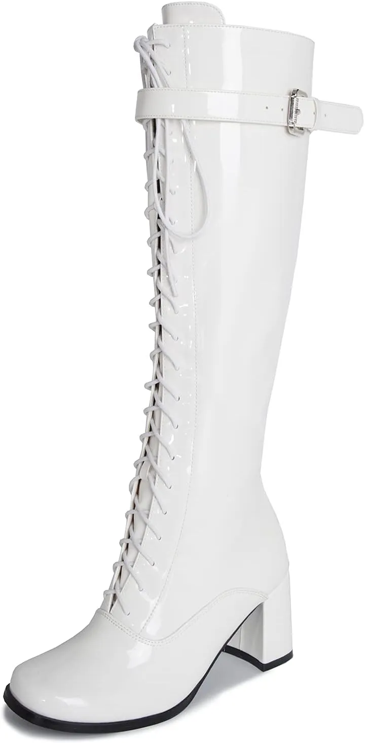 LIURUIJIA Women's Gogo Boots Lace up Knee High Block Heel Side Zipper Riding Boots