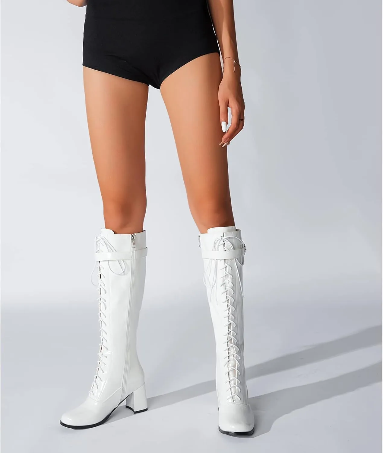 LIURUIJIA Women's Gogo Boots Lace up Knee High Block Heel Side Zipper Riding Boots