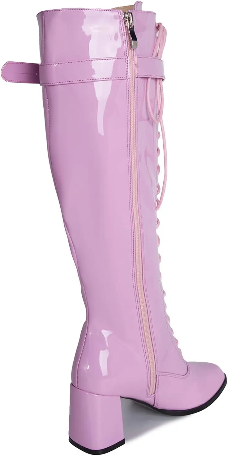 LIURUIJIA Women's Gogo Boots Lace up Knee High Block Heel Side Zipper Riding Boots