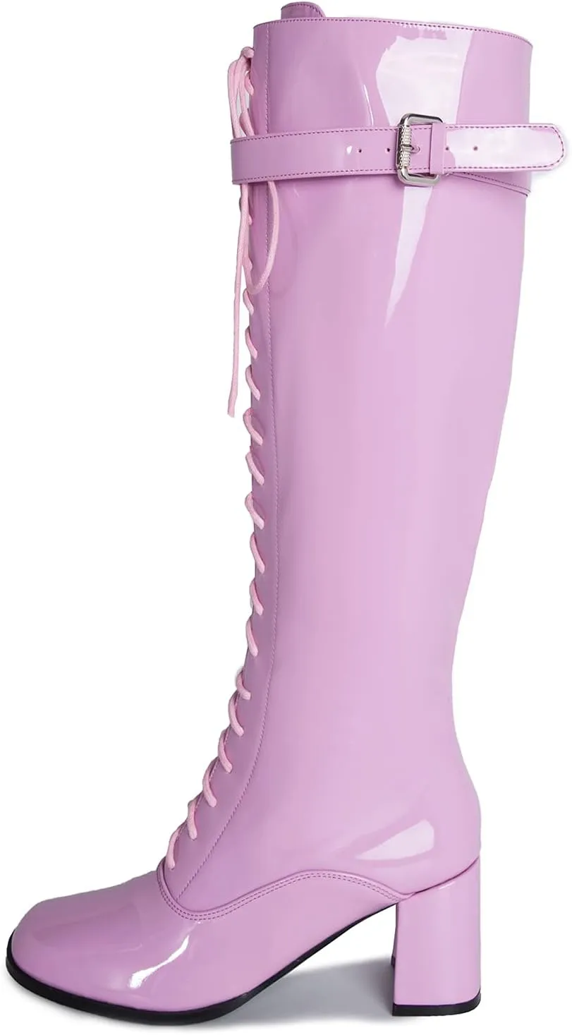 LIURUIJIA Women's Gogo Boots Lace up Knee High Block Heel Side Zipper Riding Boots
