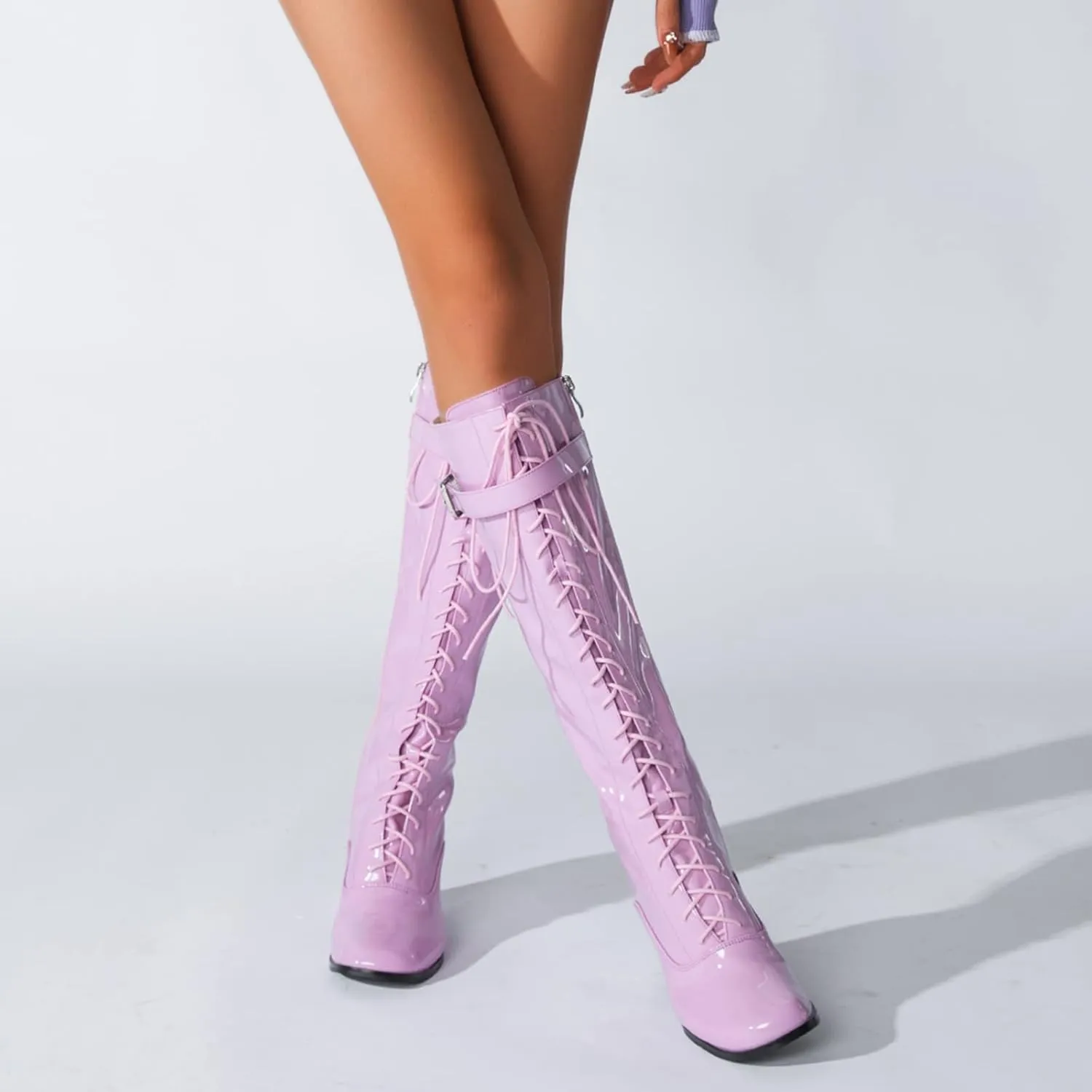 LIURUIJIA Women's Gogo Boots Lace up Knee High Block Heel Side Zipper Riding Boots