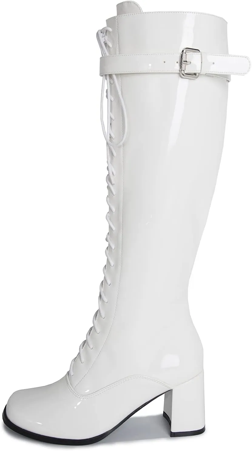 LIURUIJIA Women's Gogo Boots Lace up Knee High Block Heel Side Zipper Riding Boots