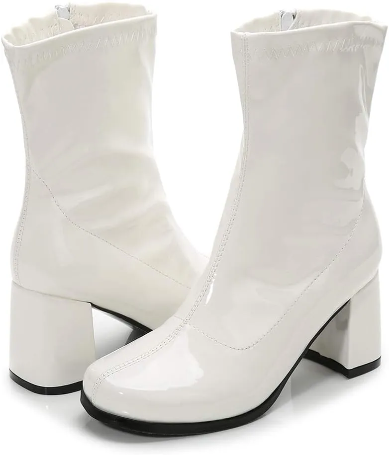 LIURUIJIA Women's Gogo Boots Mid Calf Block Heel Square Toe Zipper Boots Low Heel Short Booties