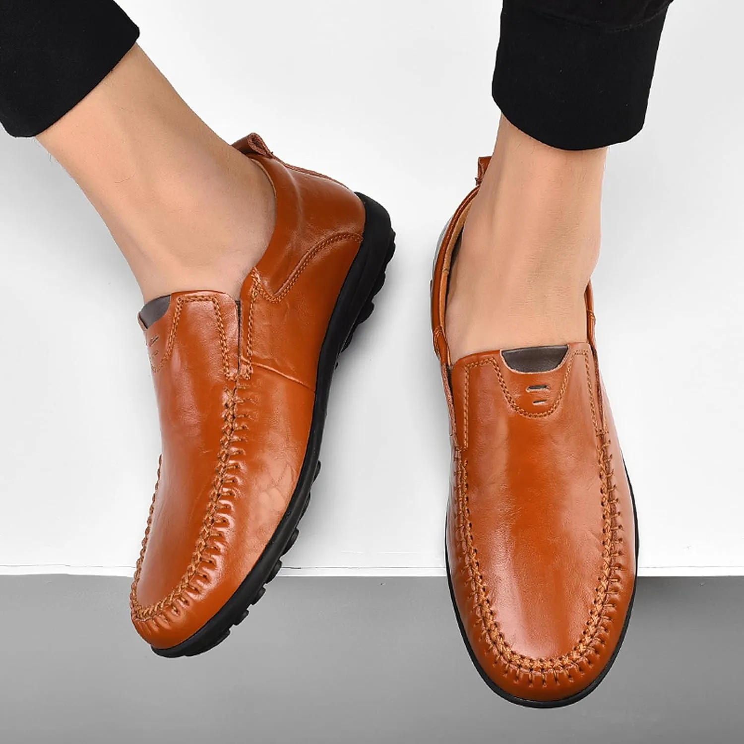 Loafers Mens Driving 3E Leather Casual Shoes Slip-on Gentlemen Shoes Moccasins Mens Commuter Slip-Resistant Lightweight Breathable Easy to Walk