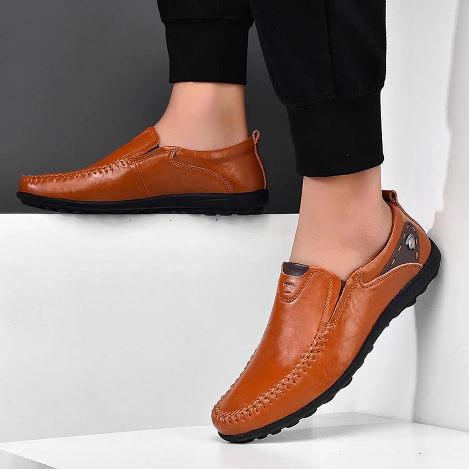 Loafers Mens Driving 3E Leather Casual Shoes Slip-on Gentlemen Shoes Moccasins Mens Commuter Slip-Resistant Lightweight Breathable Easy to Walk