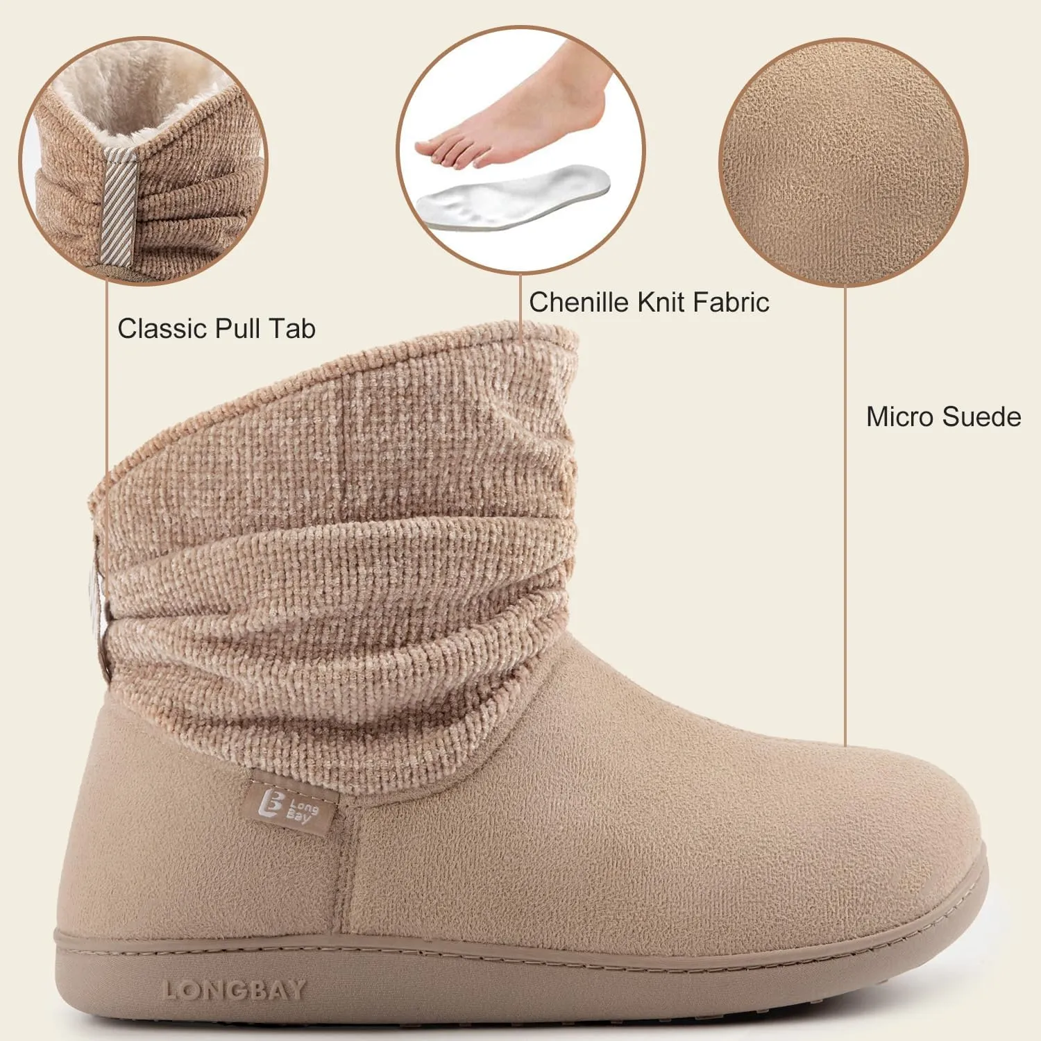 LongBay Women's Warm Chenille Knit Bootie Slippers Memory Foam Comfy Suede Fluffy Faux Fur Memory Foam Boots House Shoes