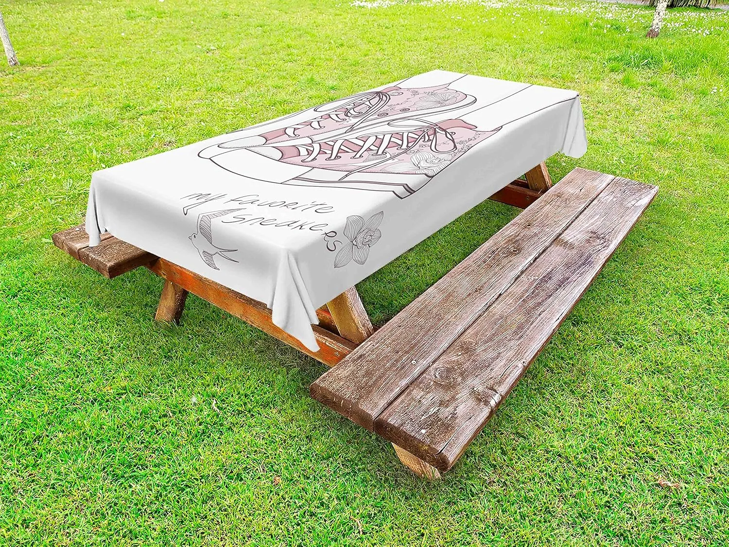 Lunarable Cartoon Outdoor Tablecloth, Shoes with Floral Pattern Teenage Girls Sneakers Flowers Birds Retro Urban, Decorative Washable Picnic Table Cloth, 58" X 84", Dried Rose White