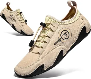 Lymphvity Men's ltalian Handmade Leather Sneakers Outdoor Slip On Non-Slip Walking Shoes Breathable Lightweight Lace Up Walking Driving Sports Shoes