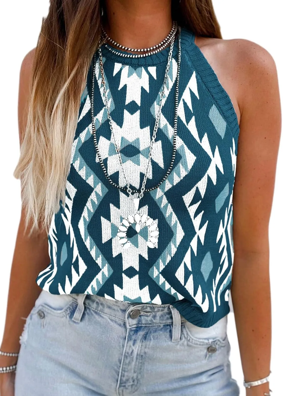 MARZXIN Women Sleeveless Sweater Tank Round Neck Casual Aztec Geometric Knit Sweater Top