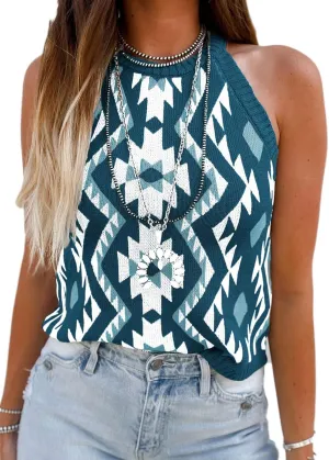 MARZXIN Women Sleeveless Sweater Tank Round Neck Casual Aztec Geometric Knit Sweater Top