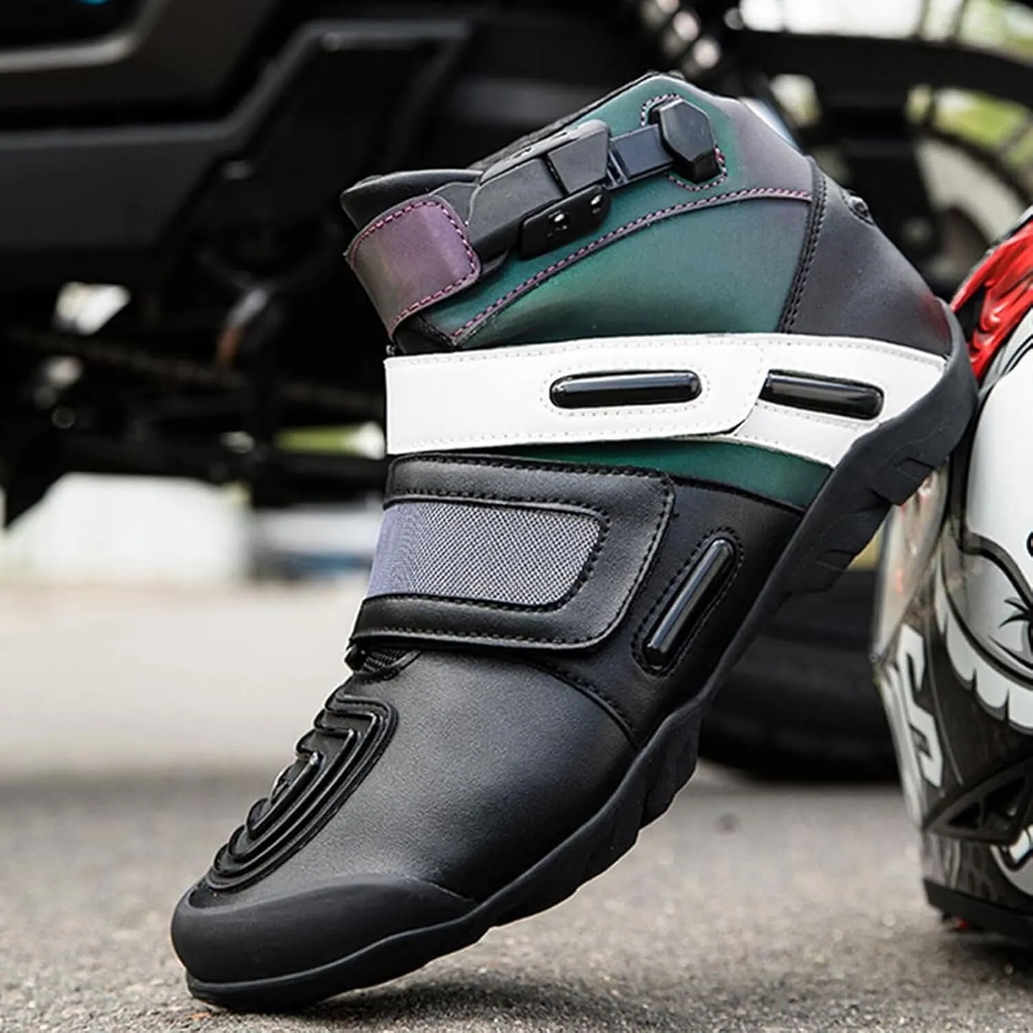 Men Women Street Motorcycle Riding Shoes - Motorcycle Boots with Adjustable Buckle, Ankle Support and Anti-Slip Sole, Racing Short Boots for All Seasons,41,Style3