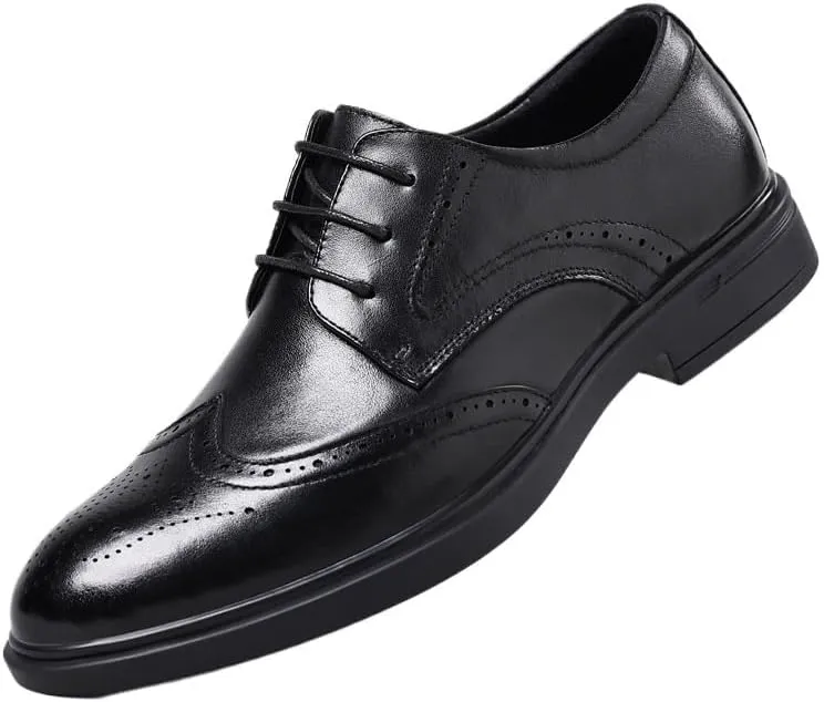 Men's Breathable Leather Wingtip Brogue Oxfords Fashion Classic Carved Lace Up Leather Low Heels Dress Shoes Anti-Slip Formal Duty Work Shoes