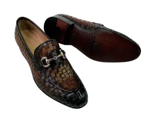 Mens Burnished Brown Chequeboard Woven Italian Leather Handmade Luxury Loafer Shoe (10, Loafer, Brown)