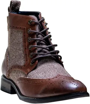Men’s Casual Ankle Lace Up Boots Leather and Tweed Brogue Shoes