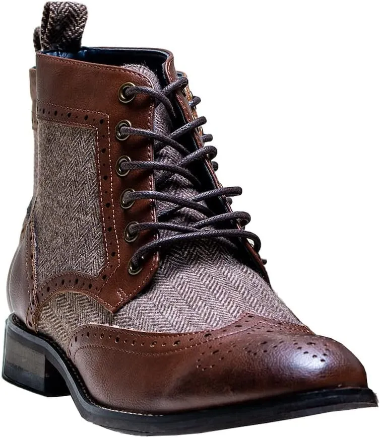 Men’s Casual Ankle Lace Up Boots Leather and Tweed Brogue Shoes