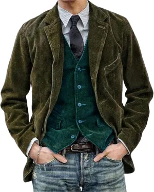 Men's Casual Corduroy Blazer Vintage Notch Lapel Regular Fit Suit Jacket Three Button Sport Coat