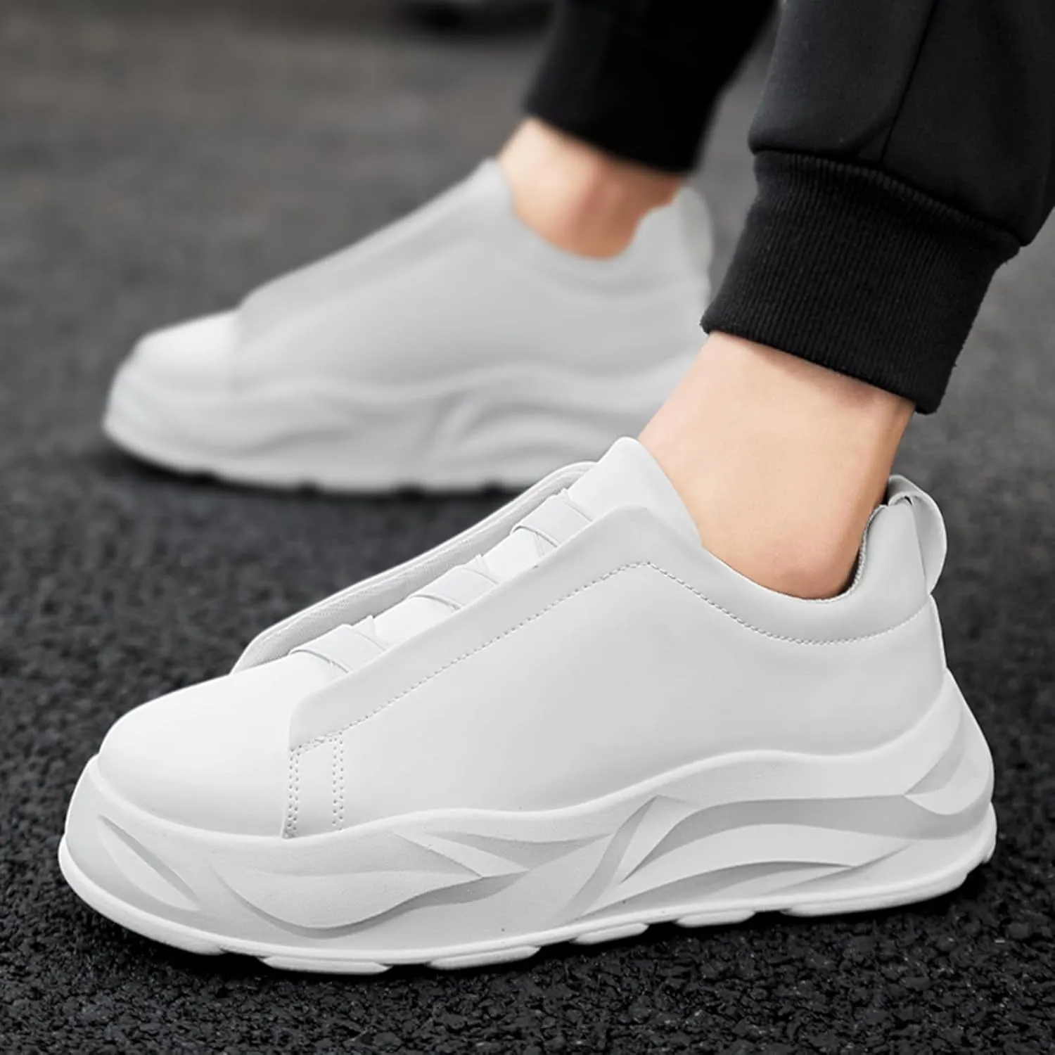 Men's Chunky Platform Slip On Leather Sneakers Classic Non-Slip Fashion Sneakers Casual Comfortable Walking Dad Shoes