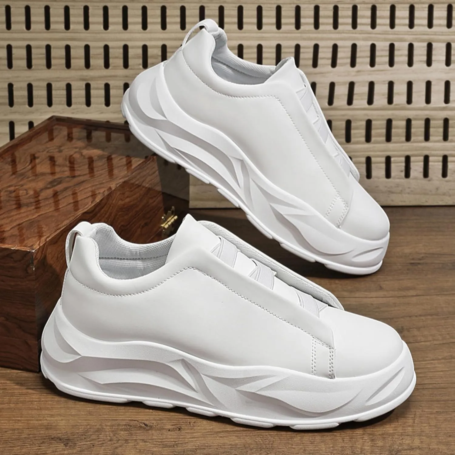 Men's Chunky Platform Slip On Leather Sneakers Classic Non-Slip Fashion Sneakers Casual Comfortable Walking Dad Shoes