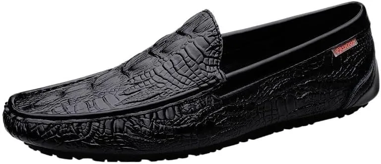 Men's Crocodile Leather Loafers Embossed Round Toe Leather Driving Shoes Lightweight Comfortable Anti-Slip Outdoor Slip-On Smoking Loafers