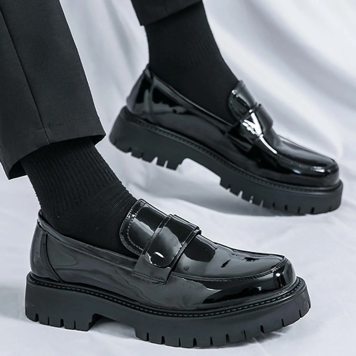 Men's Fashion Chunky Platform Penny Loafers Luxury Round Toe Slip-On Dress Shoes with Non-Slip Lug Sole for Business Work and Daily Casual Wear