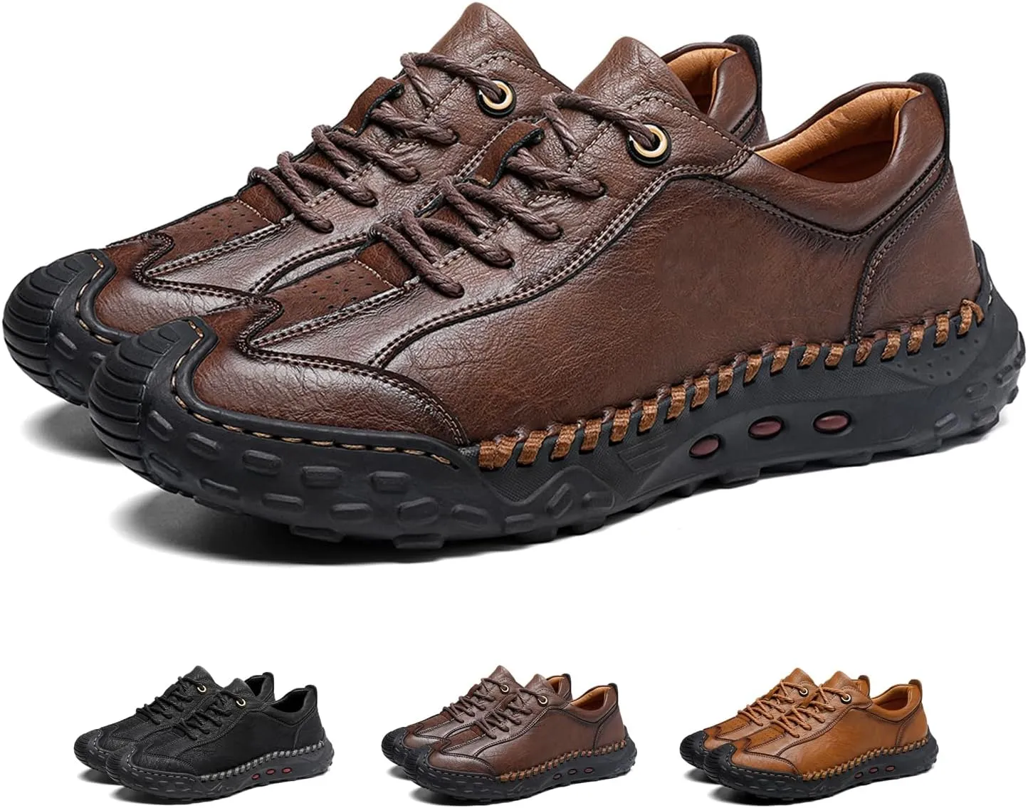 Men's Genuine Leather Handmade Stitching Casual Loafers for Hiking Camping & Driving Retro Anti-Collision Round Toe Lace Up Outdoor Walking Shoes Comfortable Lightweight Fashion Sneakers