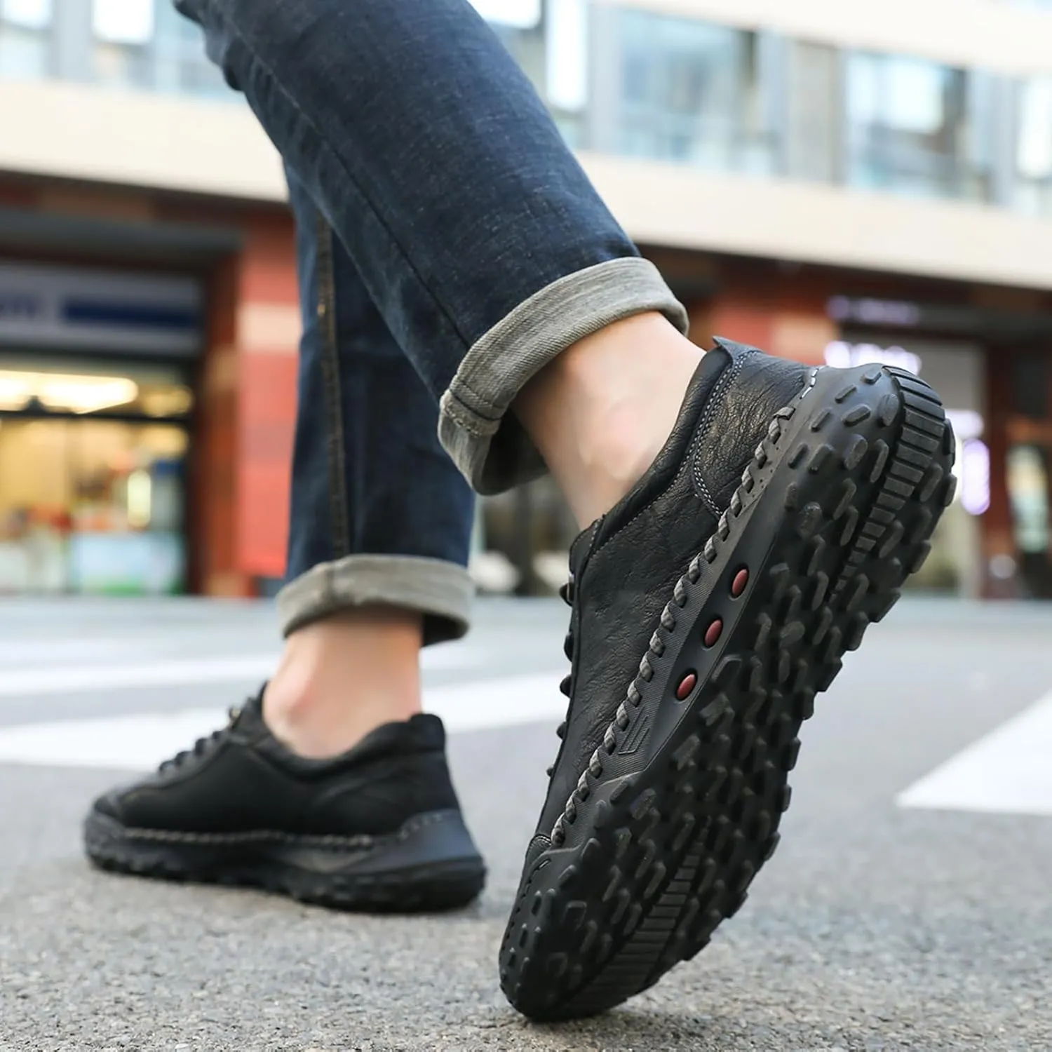 Men's Genuine Leather Handmade Stitching Casual Loafers for Hiking Camping & Driving Retro Anti-Collision Round Toe Lace Up Outdoor Walking Shoes Comfortable Lightweight Fashion Sneakers