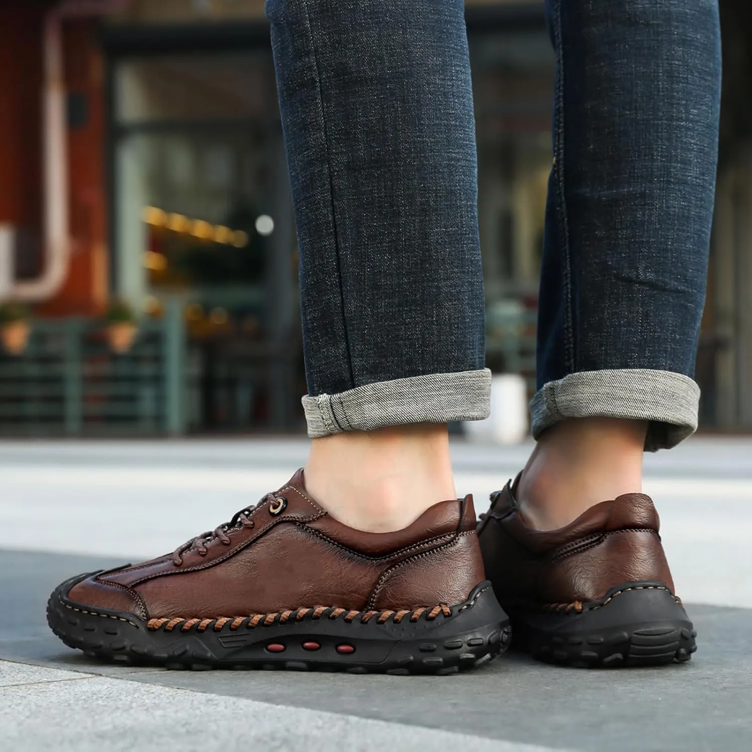 Men's Genuine Leather Handmade Stitching Casual Loafers for Hiking Camping & Driving Retro Anti-Collision Round Toe Lace Up Outdoor Walking Shoes Comfortable Lightweight Fashion Sneakers