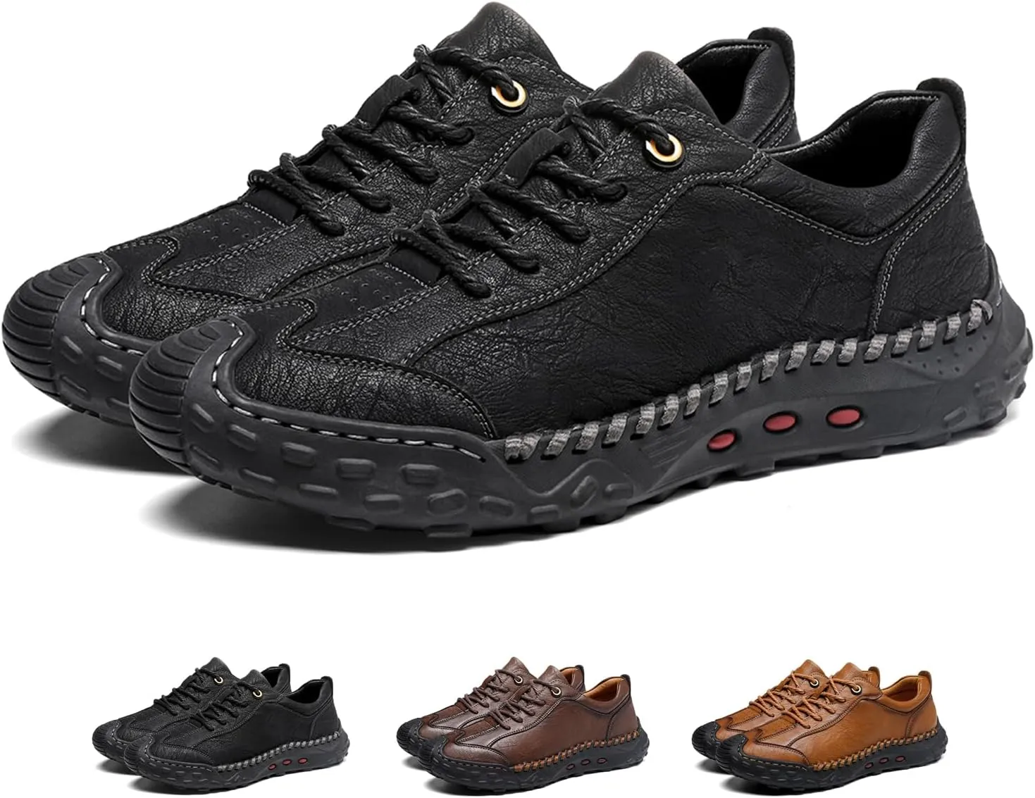 Men's Genuine Leather Handmade Stitching Casual Loafers for Hiking Camping & Driving Retro Anti-Collision Round Toe Lace Up Outdoor Walking Shoes Comfortable Lightweight Fashion Sneakers