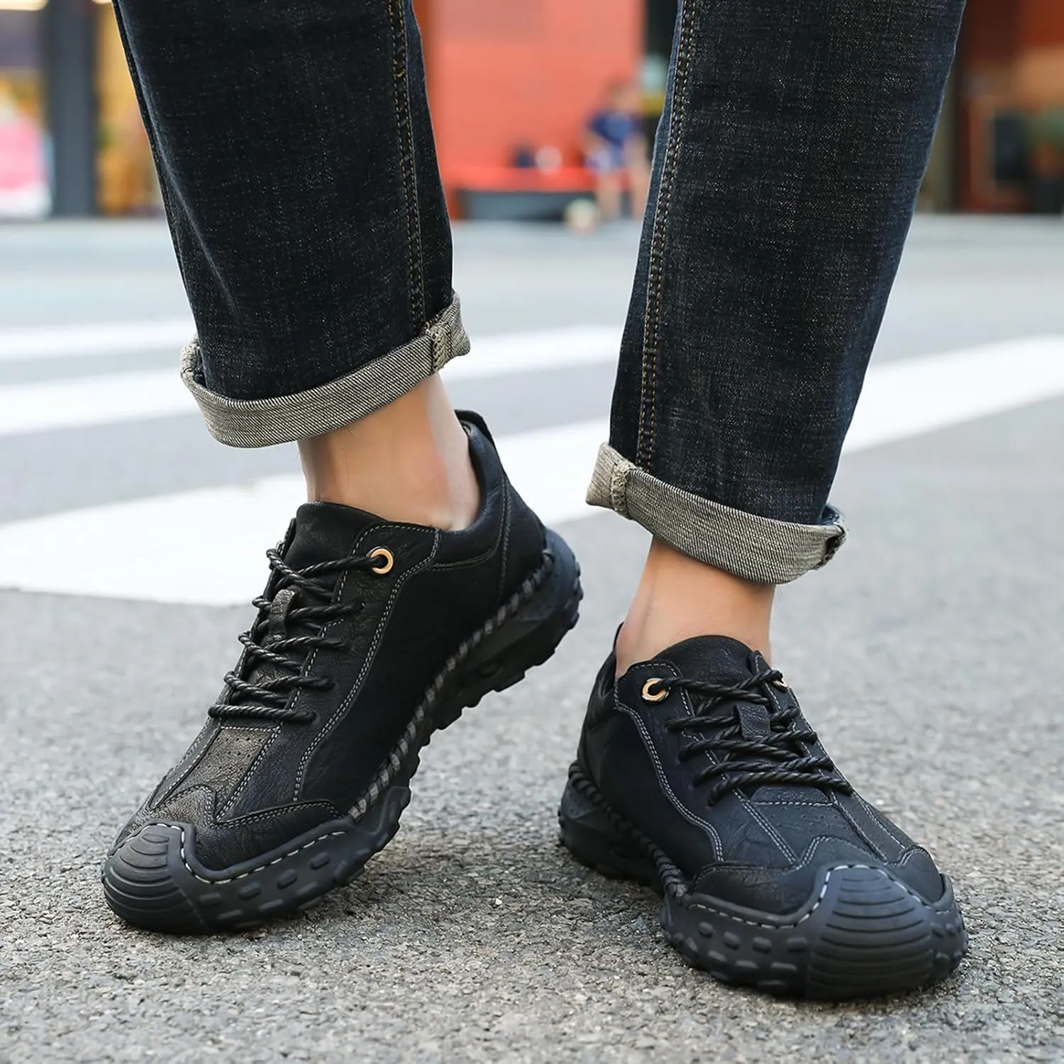 Men's Genuine Leather Handmade Stitching Casual Loafers for Hiking Camping & Driving Retro Anti-Collision Round Toe Lace Up Outdoor Walking Shoes Comfortable Lightweight Fashion Sneakers
